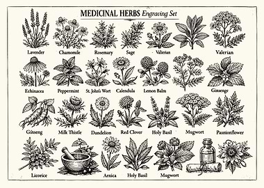 Medicinal Herbs Poster, Vintage Botanical Illustration Chart, Apothecary Wall Art
