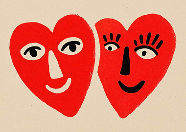 Two Red Hearts with Faces in Love