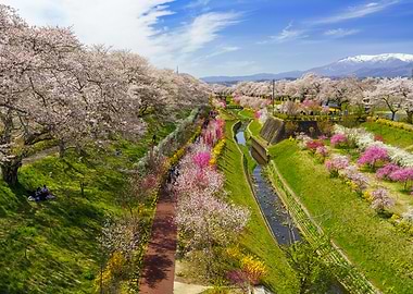 Hitome Senbonzakura Tohoku Sendai Cherry Blossoms Along a River