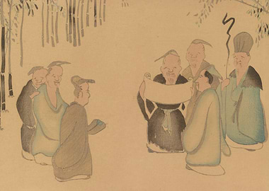 Ancient Chinese scholars discussing a scroll