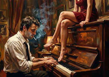 Man Playing Piano While Woman Sits