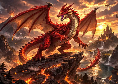 Red Dragon Overlooking a Fiery Landscape
