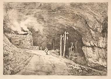 Peak Caverns Entrance with Figures and Machinery