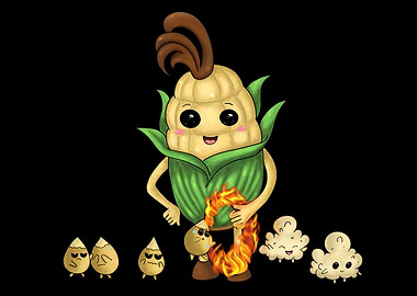 Corn character jumping through fire hoop