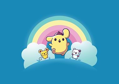 Cute cartoon characters under a rainbow