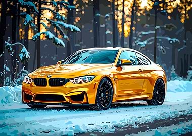 Yellow BMW M4 in Snowy Forest