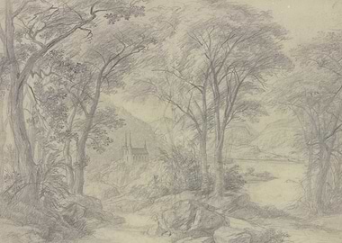 Pencil Sketch of a Forest Landscape with a Church