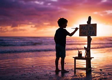 Boy painting 'Art by the Sea' at sunset