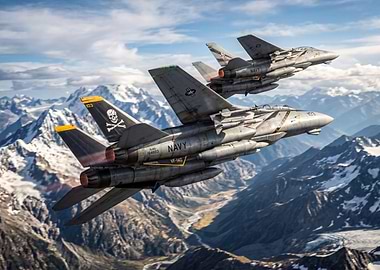 F-14 Tomcat Fighter Jets Flying Over Mountains