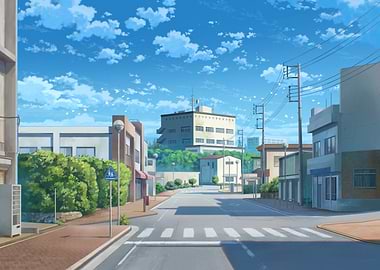 Anime Street Scene with Blue Sky