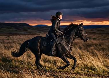 Woman riding a black horse at sunset