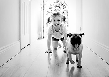 Girl and Pug Puppy Crawling
