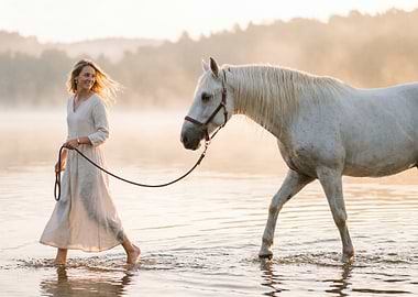 Woman walking a white horse in water