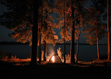 Camping by the lake at night