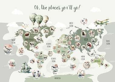 World Map with Wild Animals