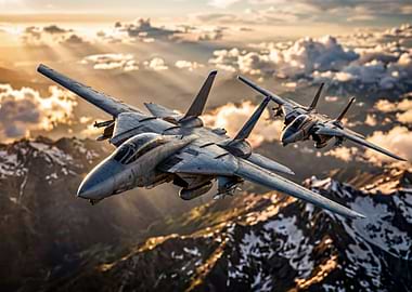 F-14 Tomcat Fighter Jets Flying Over Mountains