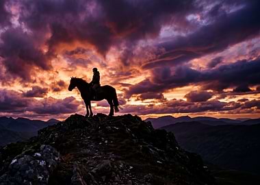 Horseback rider on mountain at sunset