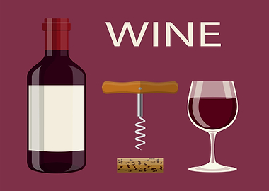 Wine bottle, corkscrew, and glass