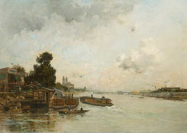 River Scene with Boats and Cityscape