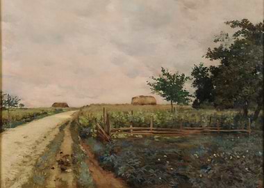 Rural dirt road with haystacks