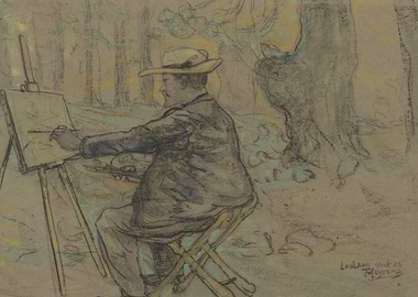 Artist painting outdoors in a forest