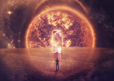 Man facing a portal in front of the sun