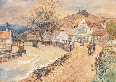 Village scene with a river and castle