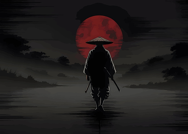 Samurai Walking Towards Red Moon