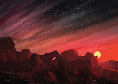 Alien Sunset Over Rocky Landscape