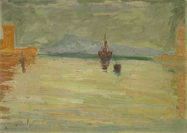 Boats in a Harbor with Distant Mountains