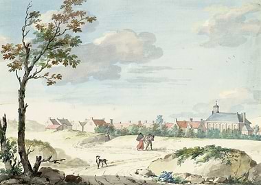 Pastoral Village Scene with Figures and Dog