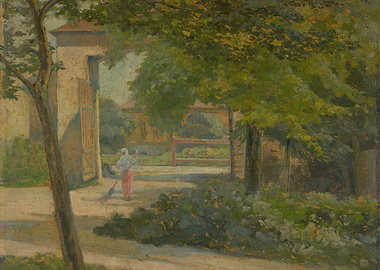 Woman Sweeping in a Courtyard