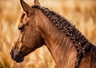 Horse with Braided Mane in Field