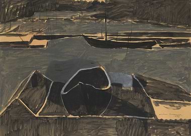 Boats and Shoreline in a Moody Landscape