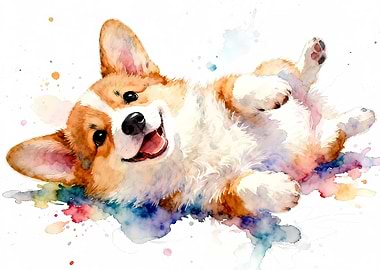 Happy Corgi Puppy Watercolor Painting