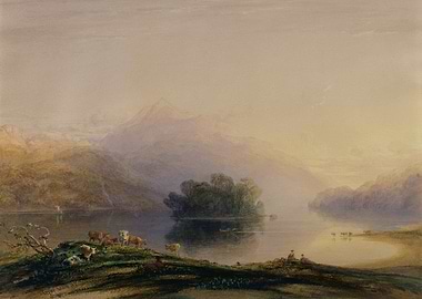 Misty Mountain Lake Landscape with Cattle