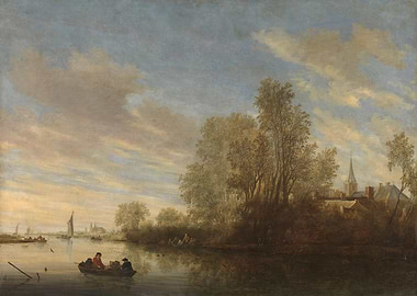 River Landscape with Boats and Village