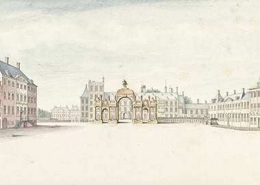 Watercolor painting of a grand palace courtyard