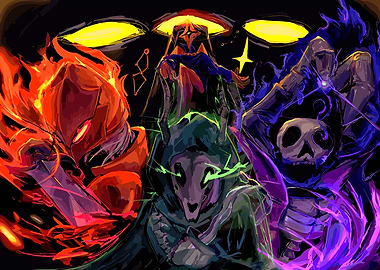 Three figures with elemental powers