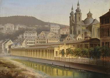 European Cityscape with River and Church