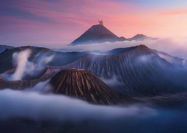 Volcanic landscape at sunrise with clouds