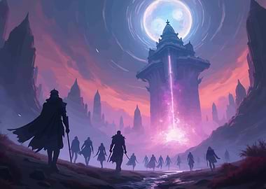 Fantasy figures approach glowing tower