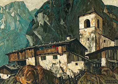 Alpine Village with Mountains and Church