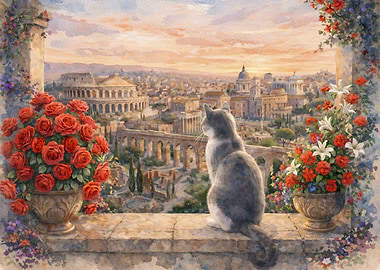 Cat Overlooking Rome at Sunset