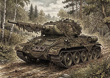 Camouflaged Tank in Forest