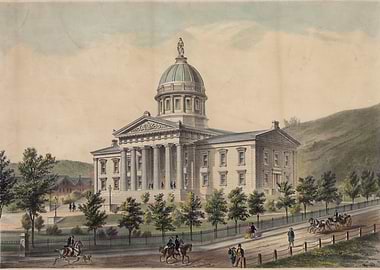 Vintage Capitol Building with Horse-Drawn Carriages