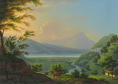 Pastoral Landscape with Cows and Mountains
