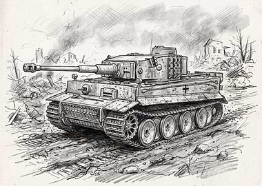 Pencil Sketch of a Tiger Tank in Ruins