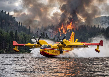 Firefighting plane scoops water