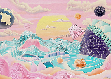 Surreal Cosmic Landscape with Floating Objects